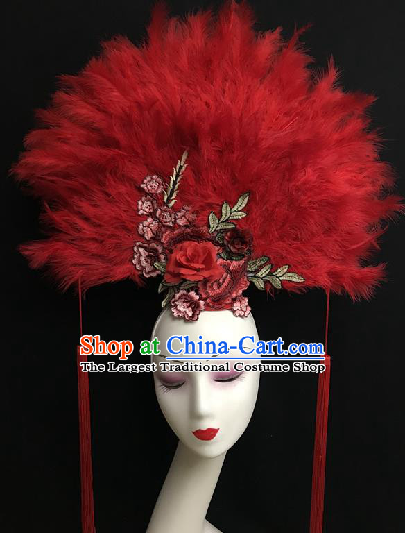 China Handmade Fashion Butterfly Headwear Cheongsam Show Red Feather Hair Crown Court Fan Hair Clasp Catwalks Bride Giant Headdress