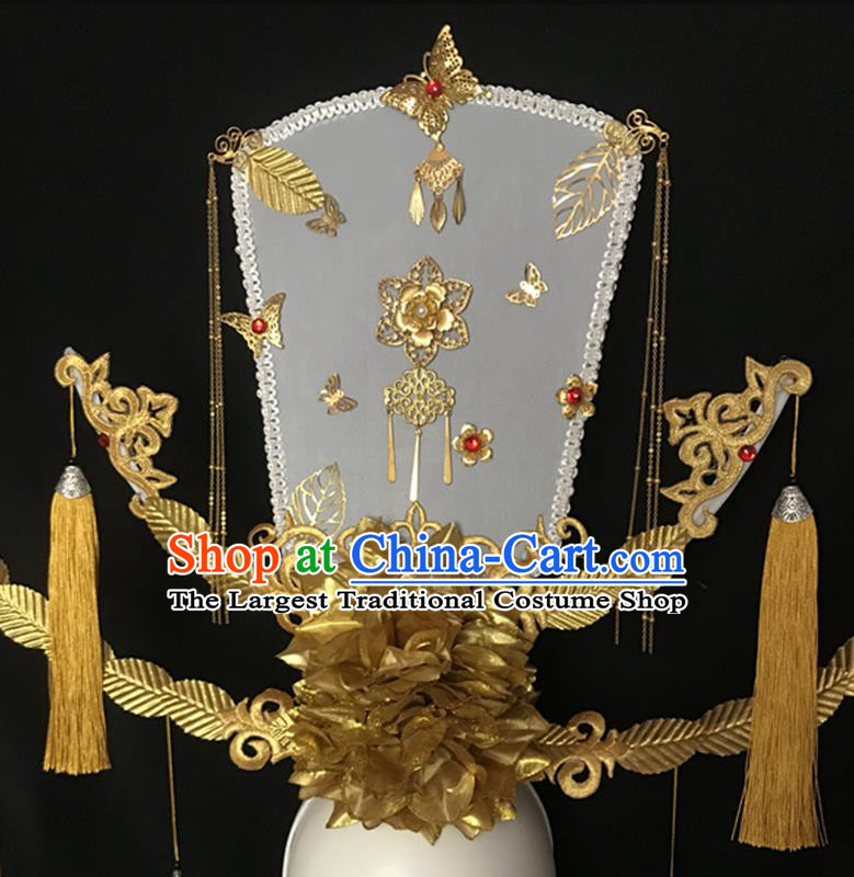 Chinese Traditional Court Fan Tassel Hair Clasp Catwalks Giant Fashion Headdress Handmade Cheongsam Stage Show Gold Flowers Hair Crown