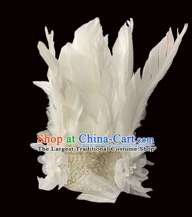 Professional Christmas Day White Feather Headwear Girl Princess Pearls Royal Crown Children Stage Performance Hair Accessories