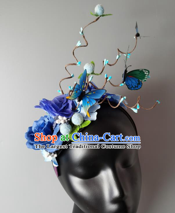 Top Baroque Blue Butterfly Flowers Hair Clasp Cosplay Fairy Hair Accessories Halloween Catwalks Royal Crown Princess Headdress