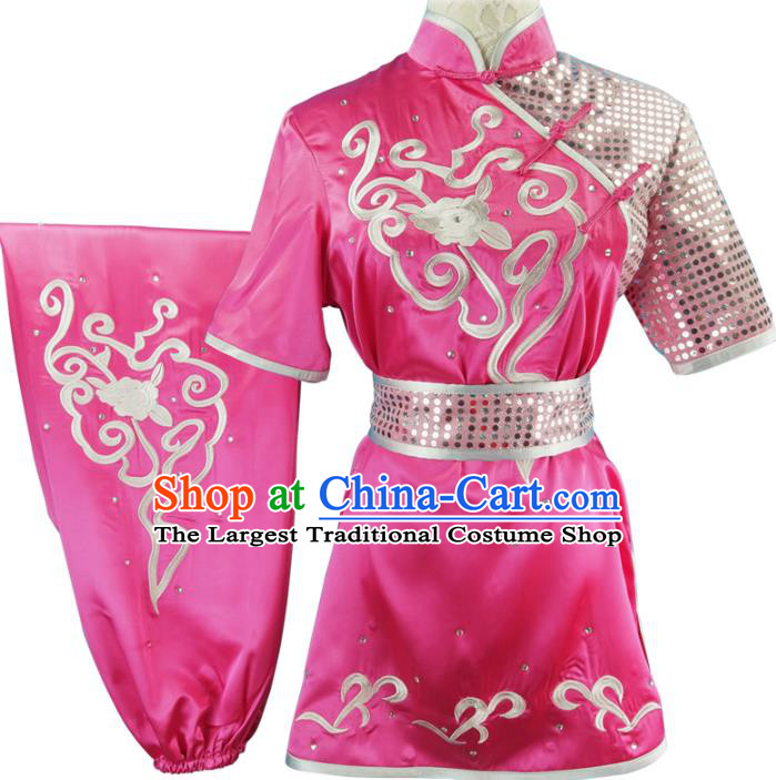 Chinese Martial Arts Wushu Embroidered Peony Rosy Silk Outfits Kungfu Competition Clothing Chang Boxing Training Garment Costumes