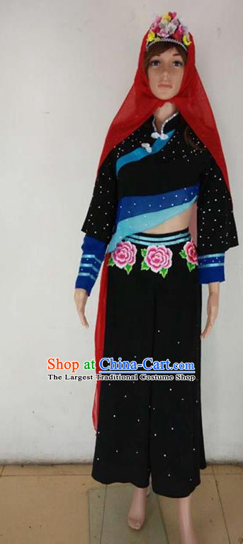 China Hui Nationality Stage Performance Clothing Ningxia Minority Dance Black Outfits Ethnic Female Dance Garments