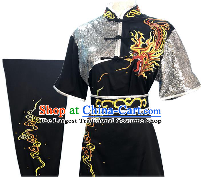 Top Chinese Wushu Performance Embroidered Dragon Black Outfits Kung Fu Garment Costume Traditional Martial Arts Competition Clothing