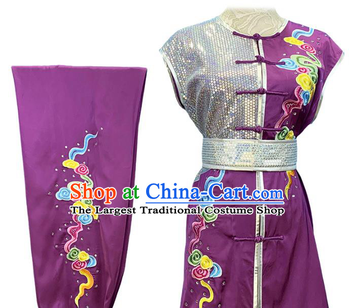 Top Chinese Southern Boxing Performance Embroidered Cloud Purple Outfits Wushu Kung Fu Garment Costume Martial Arts Competition Clothing