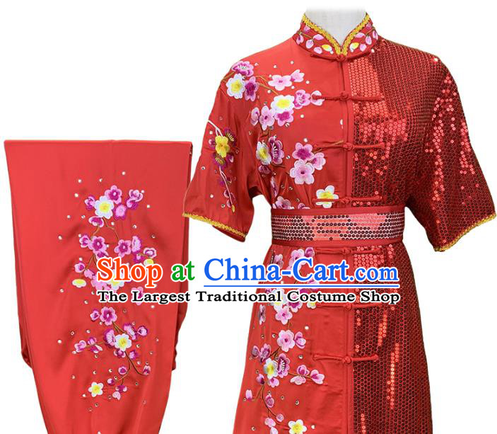 China Martial Arts Embroidered Plum Gradient Red Uniforms Wushu Competition Garment Costume Woman Kung Fu Clothing