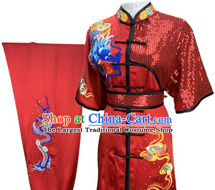 Top Chinese Southern Boxing Embroidered Dragon Outfits Kung Fu Competition Red Garment Costumes Martial Arts Wushu Performance Clothing