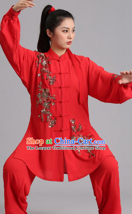 Chinese Martial Arts Embroidered Sequins Red Garments Tai Ji Competition Outfits Kung Fu Tai Chi Training Clothing
