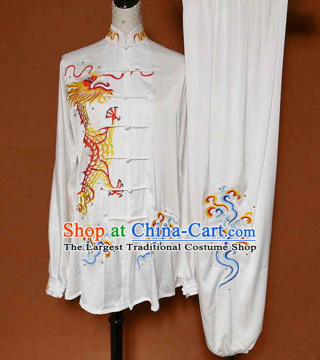 China Martial Arts Embroidered Dragon Garment Costumes Kung Fu Tai Ji White Suits Tai Chi Competition Uniforms