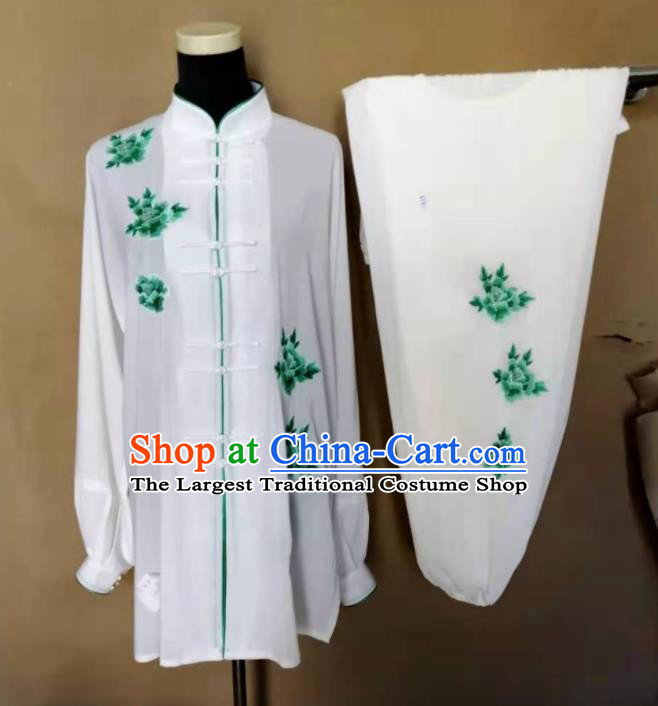 Chinese Tai Chi Sword Performance Suits Martial Arts Competition White Outfits Kung Fu Tai Ji Printing Green Peony Clothing