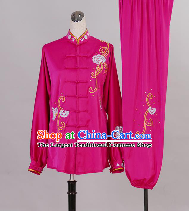 Chinese Tai Chi Sword Performance Suits Martial Arts Competition Embroidered Butterfly Rosy Outfits Tai Ji Training Clothing