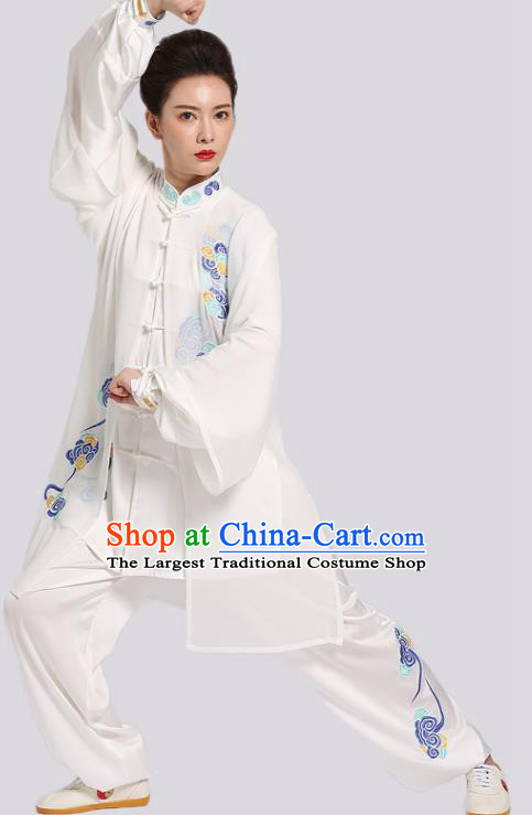 Chinese Kung Fu Tai Ji Training Clothing Tai Chi Performance White Suits Martial Arts Competition Embroidered Clouds Outfits