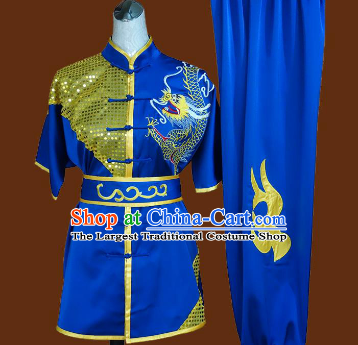 China Kung Fu Uniforms Wushu Kongfu Sequins Garment Costumes Martial Arts Embroidered Dragon Clothing Nanquan Boxing Training Royalblue Suits