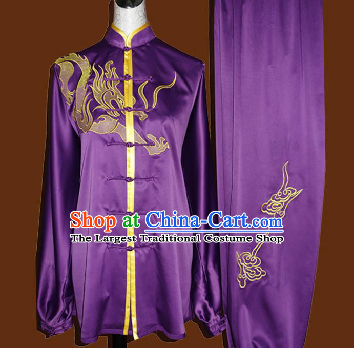 China Kung Fu Competition Purple Uniforms Tai Chi Garment Costumes Tai Ji Chuan Training Embroidered Dragon Suits