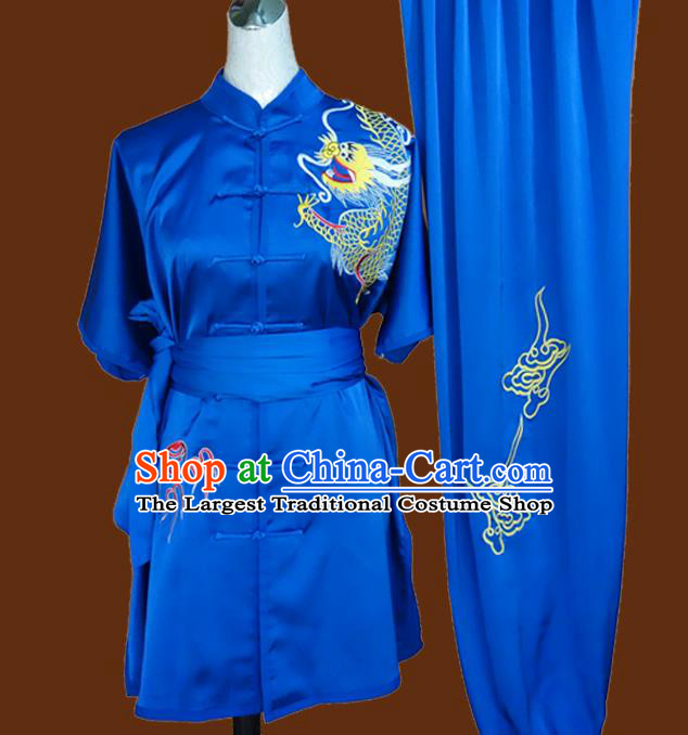 China Tai Chi Garment Costumes Wu Shu Training Embroidered Dragon Suits Kung Fu Competition Blue Uniforms