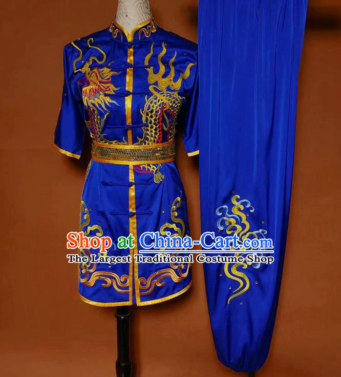 China Martial Arts Embroidered Dragon Garment Costumes Wu Shu Chang Boxing Suits Kung Fu Competition Royalblue Uniforms