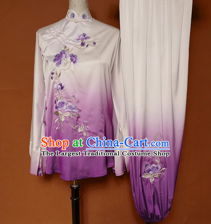 China Martial Arts Kung Fu Embroidered Flowers Clothing Tai Chi Group Competition Purple Outfits Tai Ji Sword Performance Suits