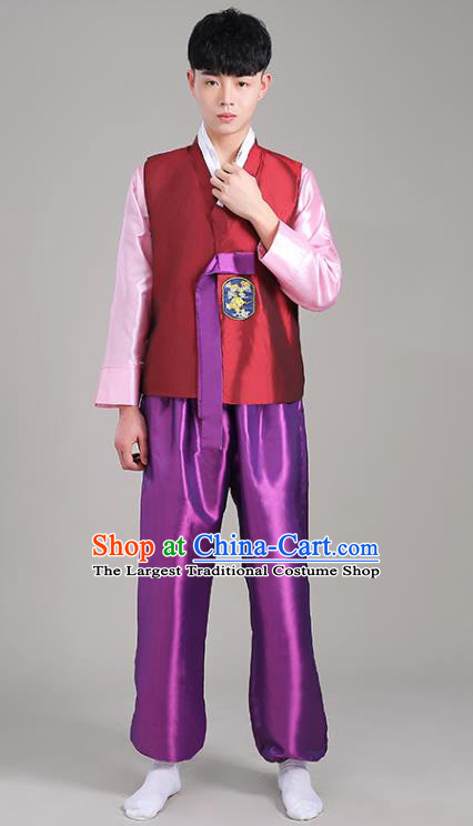 Korean Male Costumes Traditional Wedding Suits Korea Stage Performance Clothing Red Vest Pink Shirt and Purple Pants