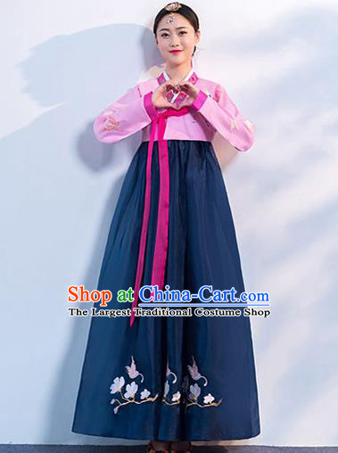 Korea Traditional Hanbok Uniforms Asian Korean Ancient Court Dance Clothing Embroidered Pink Blouse and Navy Dress
