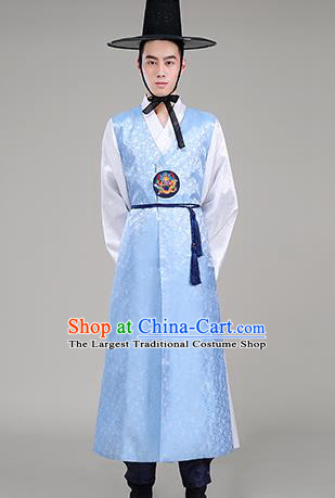 Korean Prince Blue Long Vest White Shirt and Pants Costumes Traditional Male Wedding Hanbok Suits Korea Court Clothing
