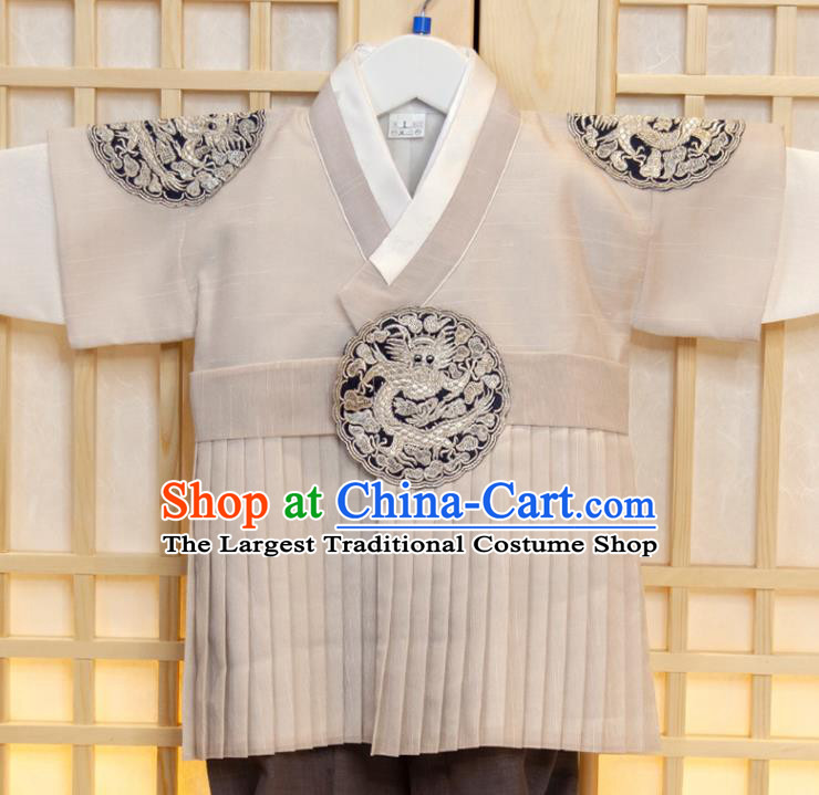 Korea Boys Prince Birthday Hanbok Costumes Traditional Fashion Clothing Korean Children Garment Beige Vest White Shirt and Grey Pants