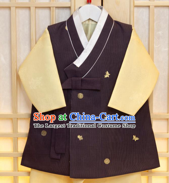 Korean Traditional Garment Costumes Boys Prince Birthday Fashion Korea Hanbok Clothing Children Purple Vest Yellow Shirt and Pants