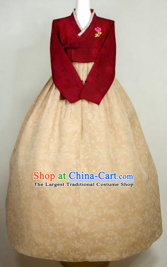 Korean Court Hanbok Wine Red Blouse and Yellow Dress Festival Celebration Fashion Costumes Traditional Wedding Bride Clothing