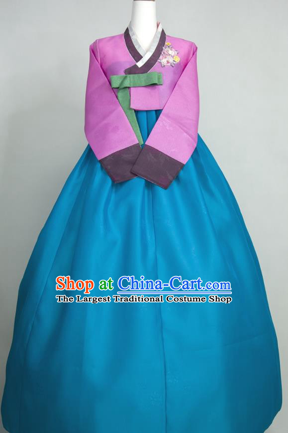 Korean Classical Bride Fashion Costumes Traditional Wedding Celebration Clothing Court Hanbok Embroidered Violet Blouse and Blue Dress