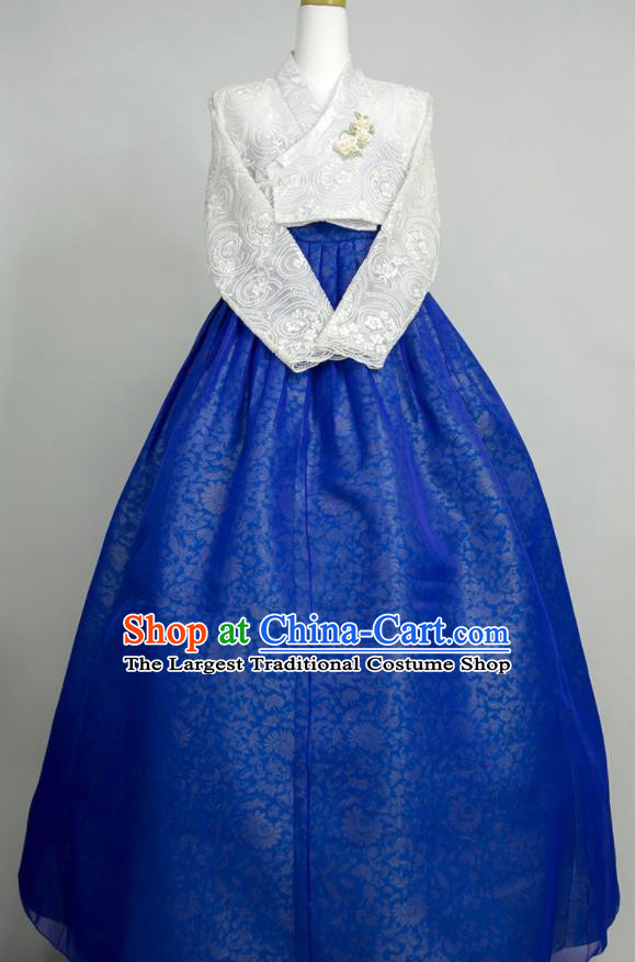 Korean Young Lady Classical Hanbok White Lace Blouse and Royalblue Dress Korea Traditional Festival Clothing Wedding Bride Fashion Costumes