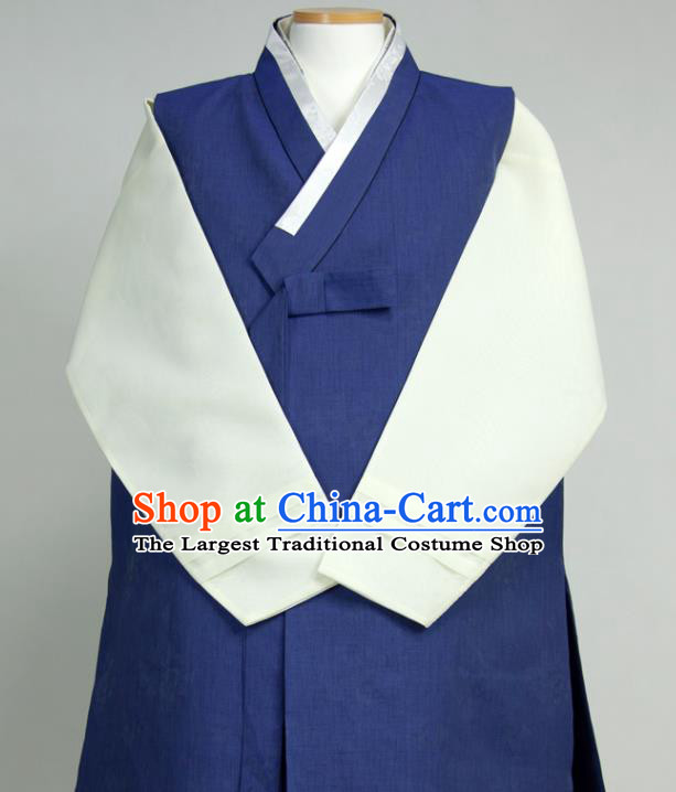 Korea Classical Wedding Bridegroom Clothing Young Male Hanbok Blue Long Vest Beige Shirt and Grey Pants Korean Traditional Costumes