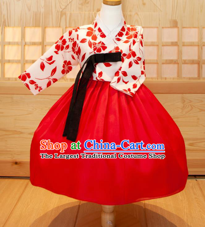 Korea Girl Festival Printing White Shirt and Red Dress Traditional Garment Costumes Children Hanbok Clothing Korean Princess Fashion