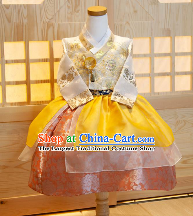 Korean Traditional Garment Costumes Children Hanbok Clothing Princess Fashion Korea Girl Festival White Shirt and Yellow Dress