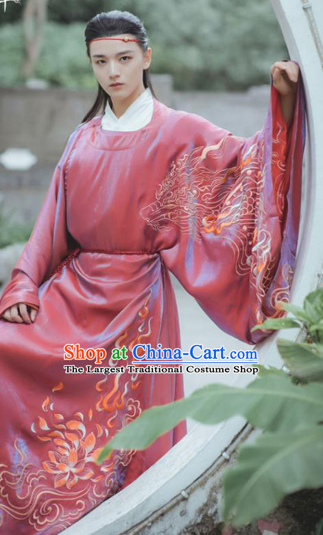 China Ancient Childe Scholar Embroidered Red Hanfu Robe Clothing Traditional Song Dynasty Young Male Historical Garment Costume