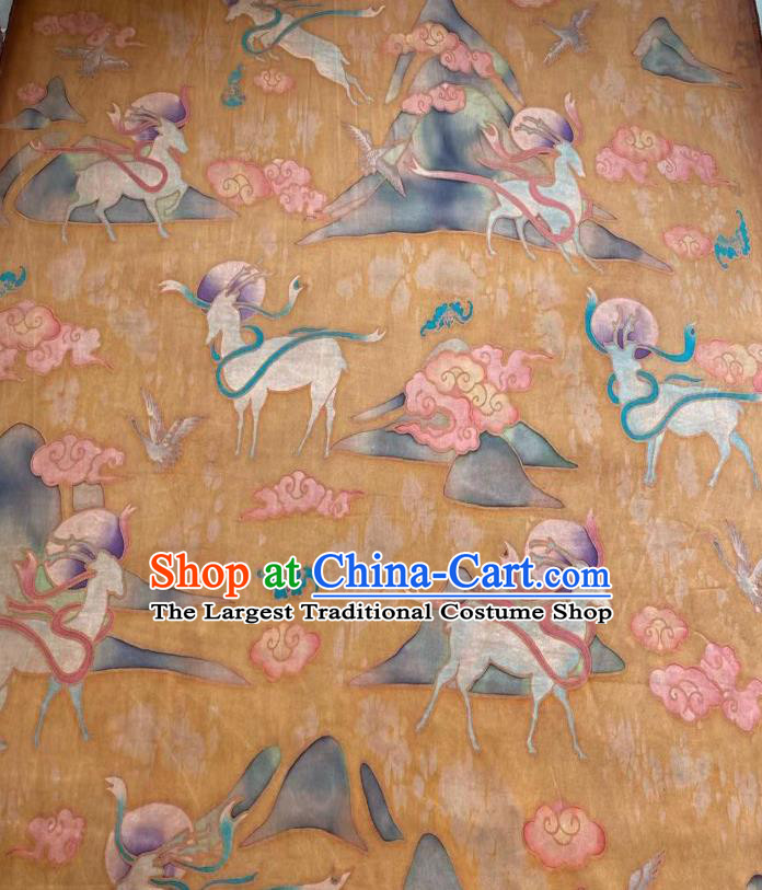 Chinese Yellow Silk Fabric Classical Brocade Cloth Hand Painting Nine Color Deer Gambiered Guangdong Gauze Traditional Cheongsam Drapery
