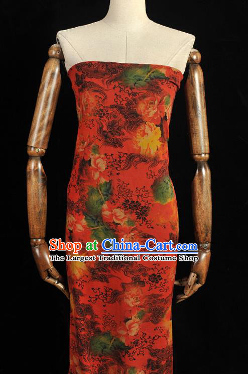 Chinese Red Gambiered Guangdong Gauze Traditional Peony Flowers Pattern Dress Fabric Cheongsam Silk Cloth