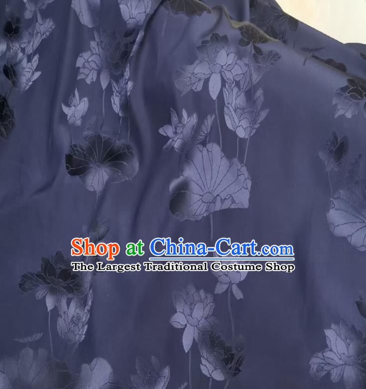 Chinese Traditional Jacquard Brocade Drapery Cheongsam Silk Fabric Classical Lotus Pattern Navy Satin Cloth