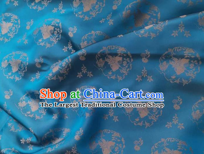 Chinese Blue Silk Fabric Classical Peach Pattern Brocade Cloth Tapestry Material Traditional Qipao Dress Damask Drapery