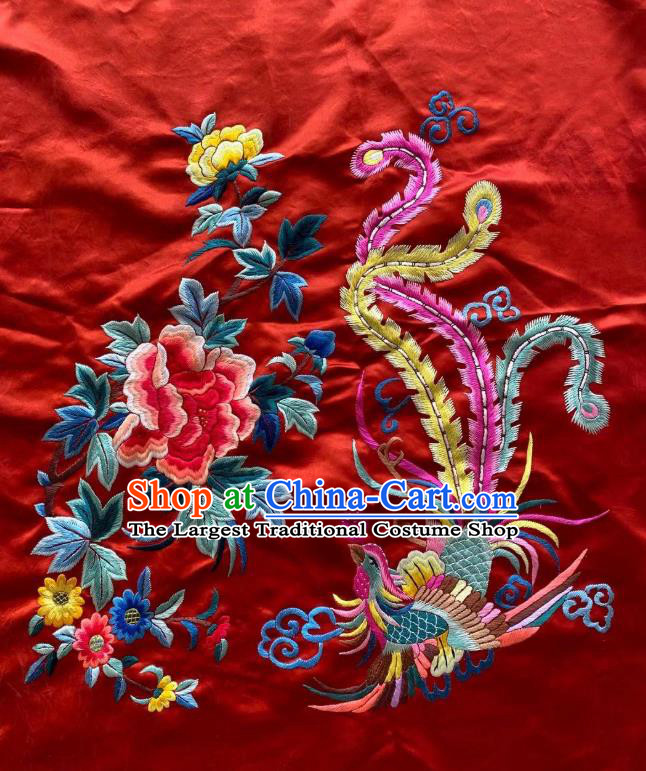 Chinese Traditional Embroidered Phoenix Peony Red Silk Cloth Hand Embroidery Craft