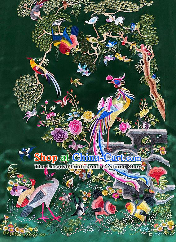 Chinese Traditional Embroidered Phoenix Birds Cloth Hand Embroidery Green Silk Applique Craft