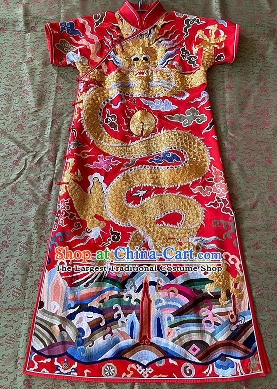 China Traditional Red Silk Cheongsam National Embroidered Dragon Qipao Dress Clothing