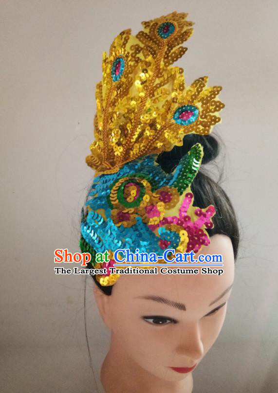 China Traditional Peacock Dance Hair Stick Folk Dance Headpiece Yangko Dance Sequins Phoenix Hair Accessories