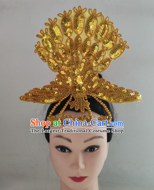 China Yangko Dance Hair Accessories Traditional Peacock Dance Hair Stick Folk Dance Golden Sequins Phoenix Headpiece