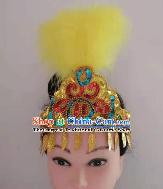 Chinese Folk Dance Hair Accessories Traditional Uyghur Nationality Dance Headwear Xinjiang Ethnic Yellow Feather Hair Crown
