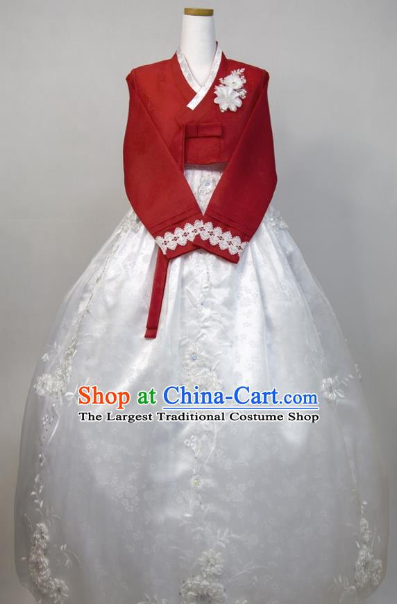 Korean Traditional Court Princess Clothing Korea Classical Wedding Fashion Costumes Bride Hanbok Red Blouse and White Dress