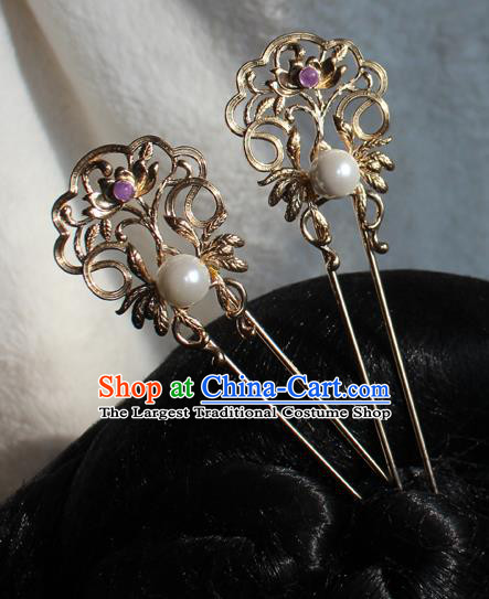China Tang Dynasty Queen Pearl Hairpin Traditional Hanfu Hair Accessories Ancient Imperial Consort Golden Lotus Hair Stick