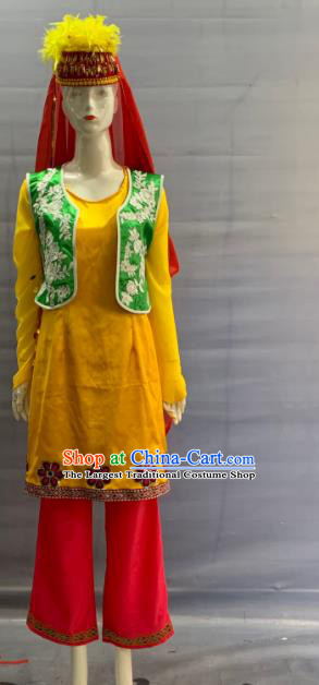 Chinese Qinghai Ethnic Female Garment Costume Traditional Salar Nationality Bride Clothing Minority Festival Folk Dance Yellow Dress Uniforms and Hat