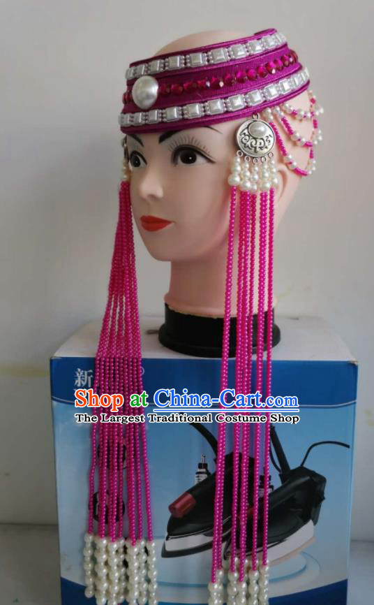 Handmade Chinese Folk Dance Headdress Mongolian Ethnic Bride Rosy Beads Tassel Hat Mongol Nationality Wedding Headband