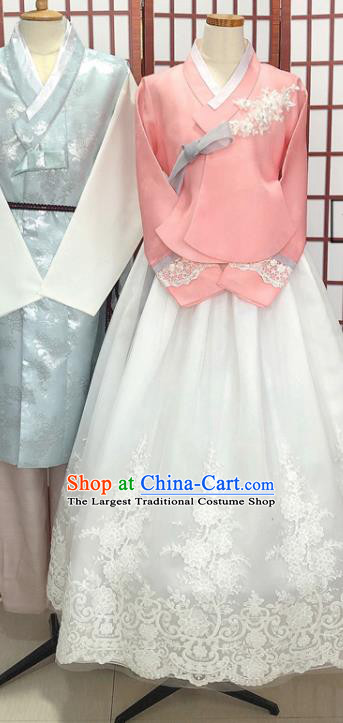 Korean Traditional Court Hanbok Costumes Classical Wedding Garment Clothing Bride Fashion Pink Blouse and White Dress