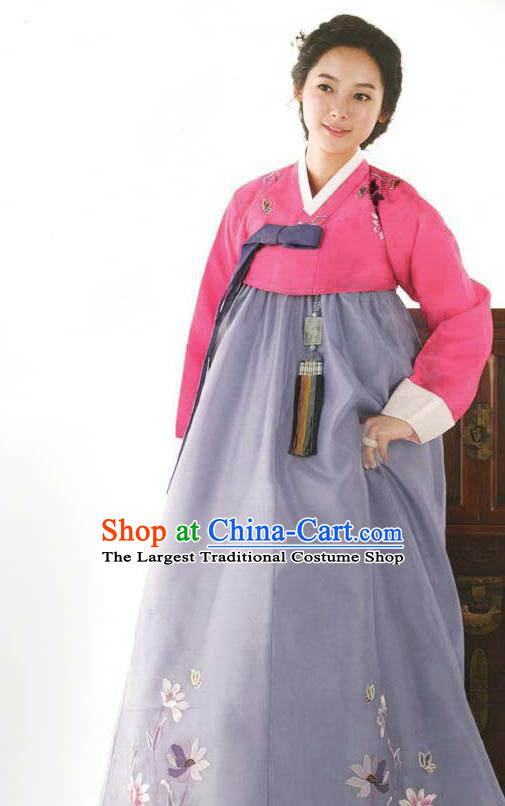Korean Embroidered Rosy Blouse and Lilac Dress Traditional Court Hanbok Costume Classical Wedding Garments Bride Fashion Clothing