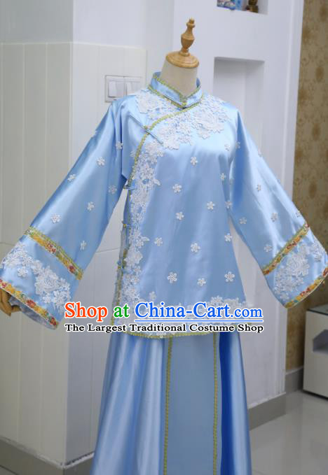 China Ancient Manchu Woman Blue Dress Cosplay Qing Dynasty Palace Princess Garments Traditional Drama Princess of Pearl Xia Ziwei Clothing