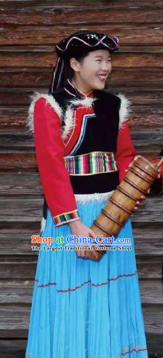 Chinese Pumi Nationality Festival Clothing Minority Woman Dress Uniforms Yunnan Ethnic Folk Dance Garment Costumes and Headpiece